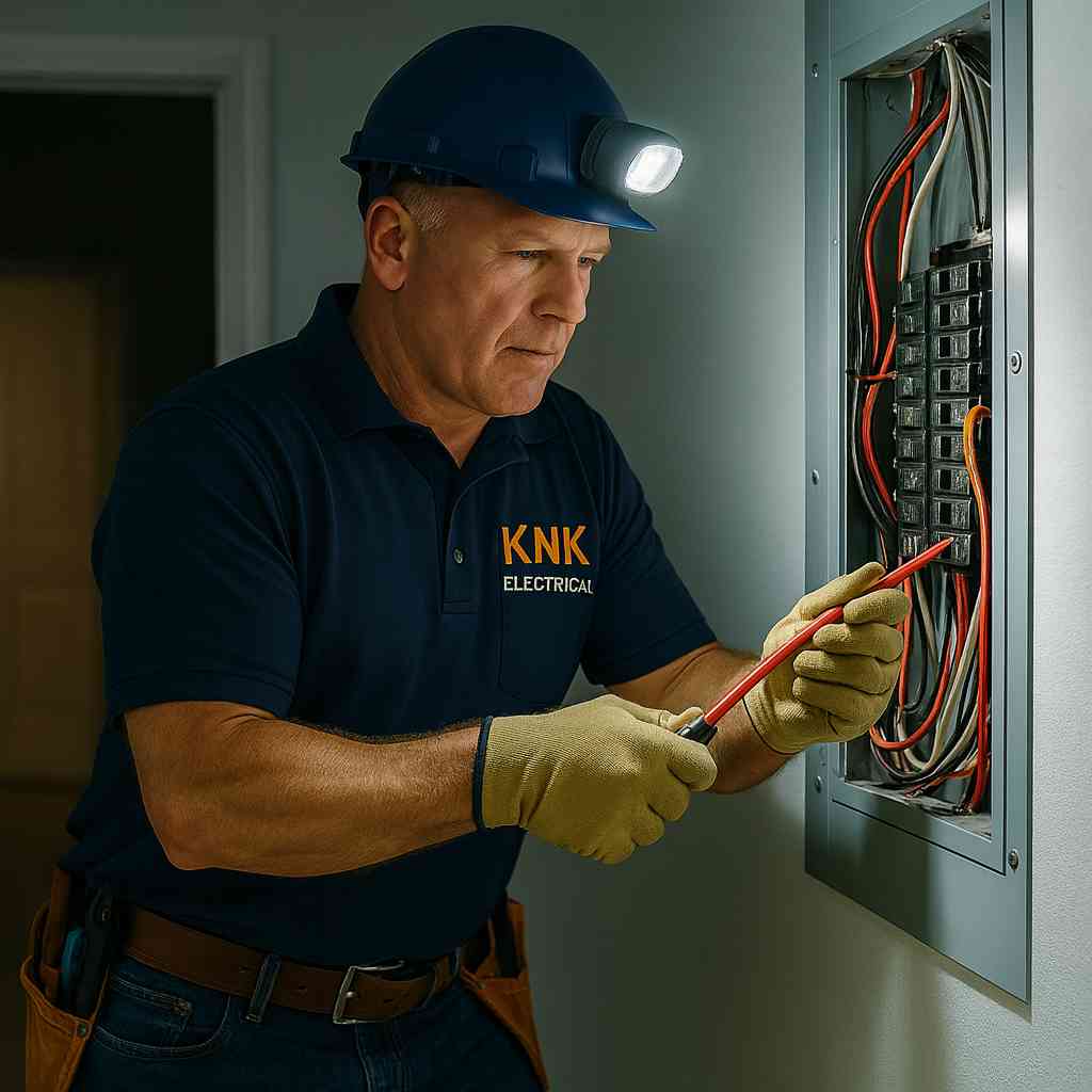 Emergency electrician troubleshooting a breaker panel at night in Wanaque NJ